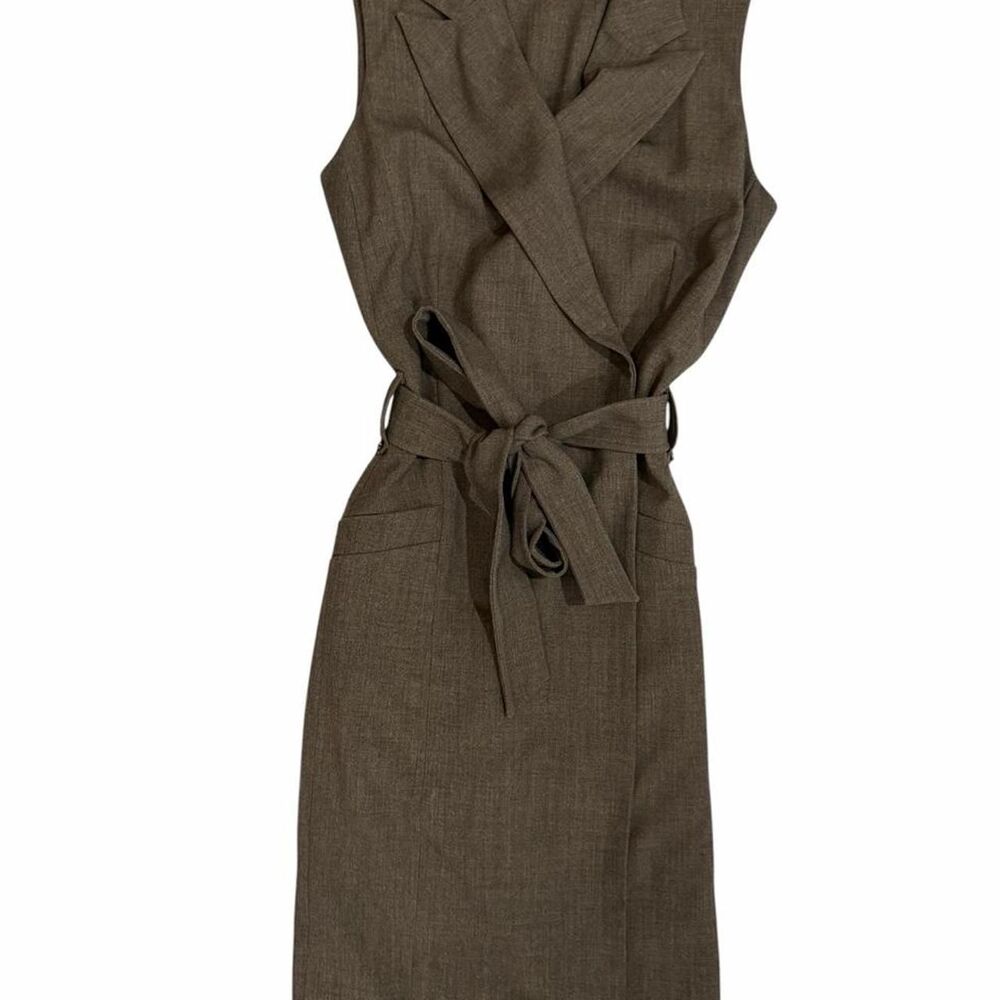 Calvin Klein sleeveless belted blazer dress in a chic brown taupe color